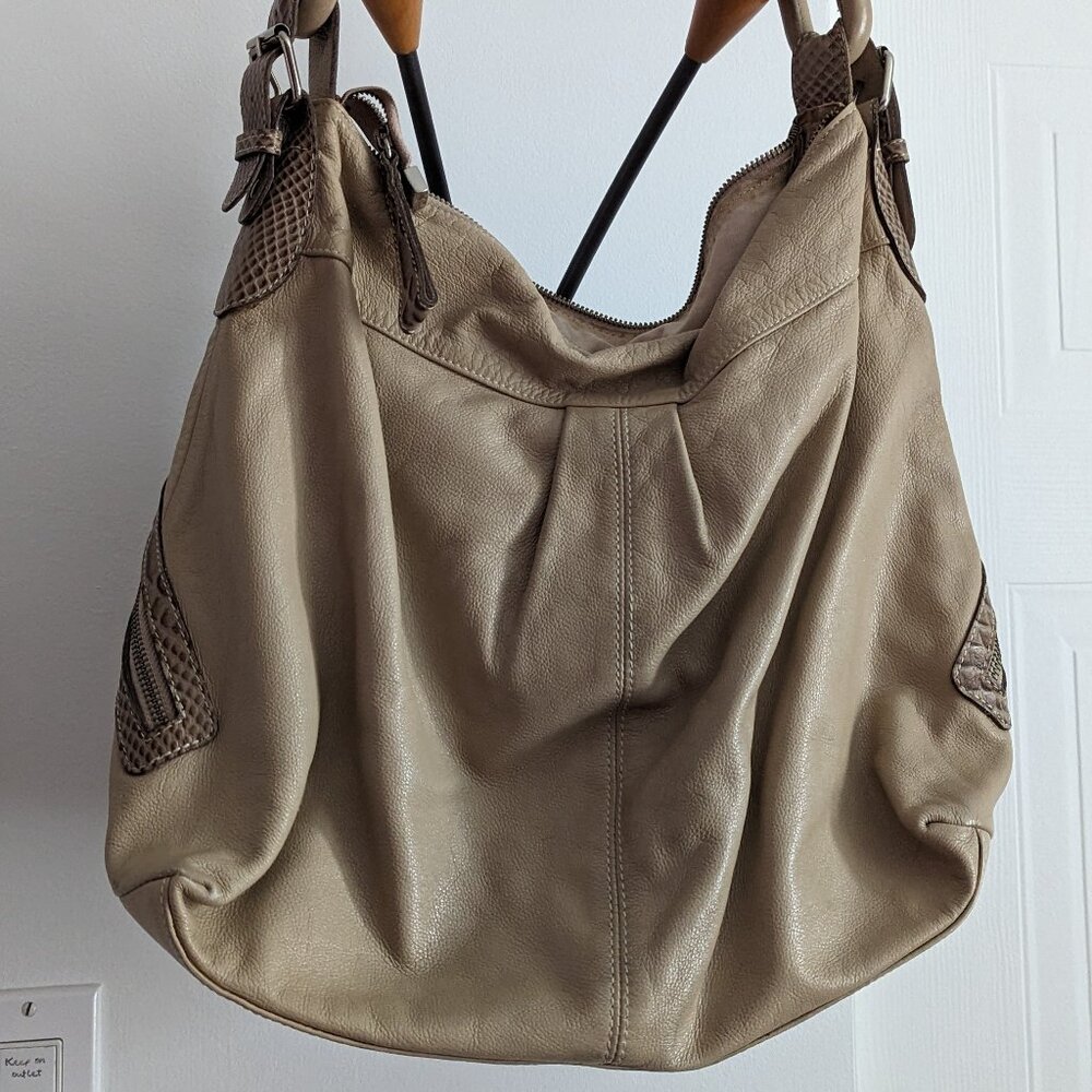 Taupe genuine leather handbag with snake embossed leather details